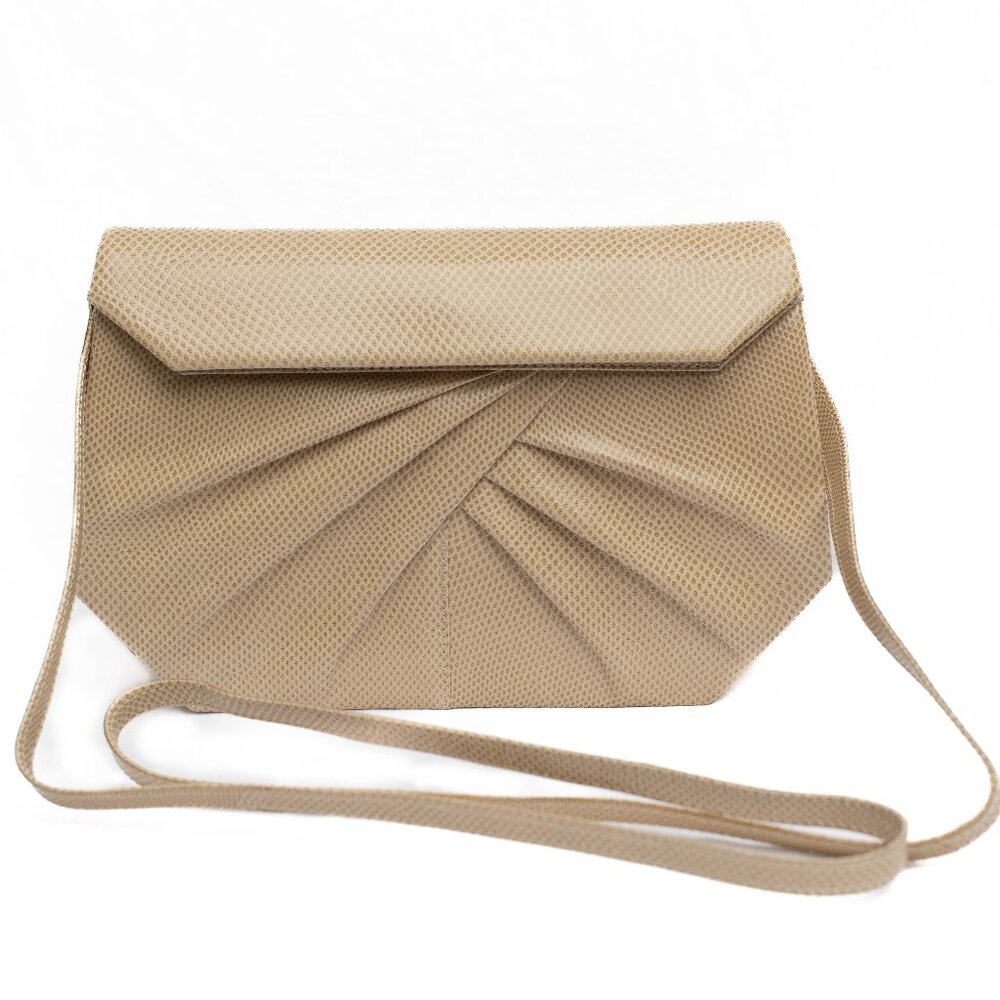 VTG RENE MANCINI Paris Tan Snakeskin‎ Pleated Clutch Purse Evening Bag 9"W